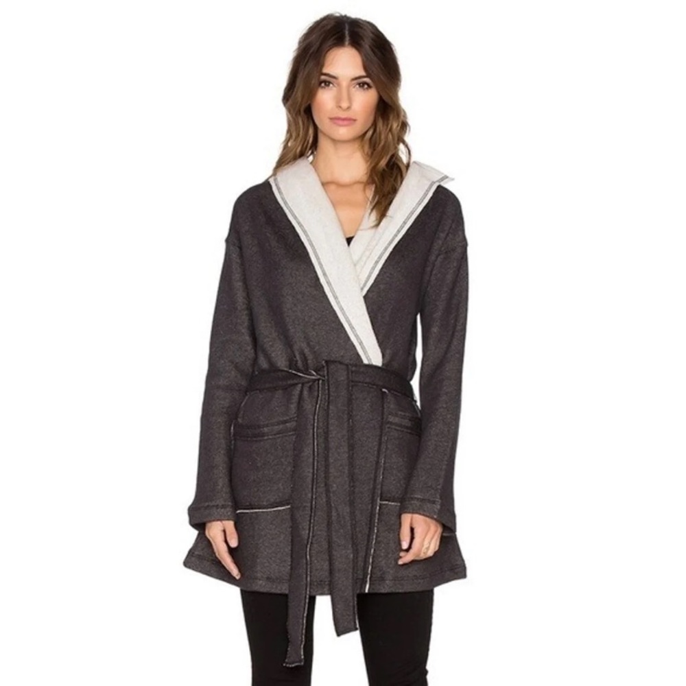 Sanctuary Fleece Wrap Jacket In Charcoal & Natural Size Small Hooded Tie Front